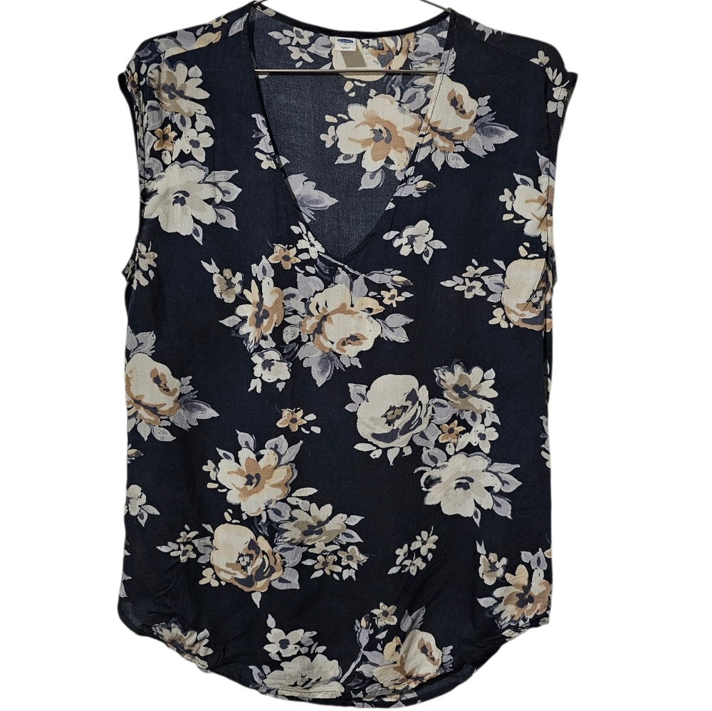 Old Navy Sleeveless Blouse – Navy with Cream Flowers, Size M